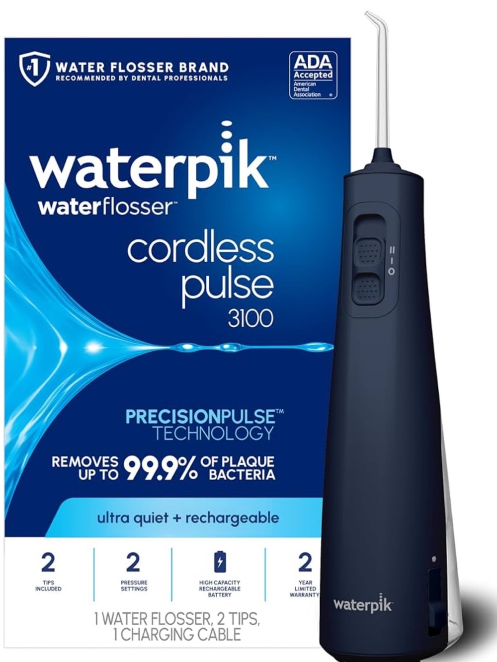 Waterpik 3100 Blue Cordless Pulse Water Flosser w/ 2 Tips Brand New in Box Blue